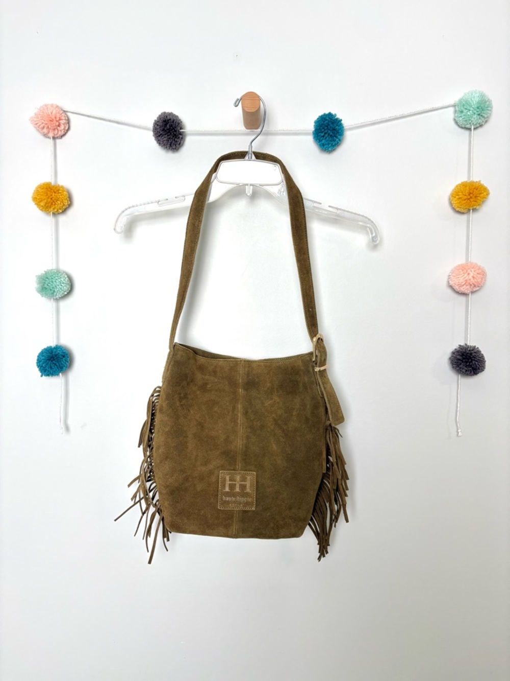 Haute Hippie Suede Fringe Brown Olive Bucket Shoulder Bag